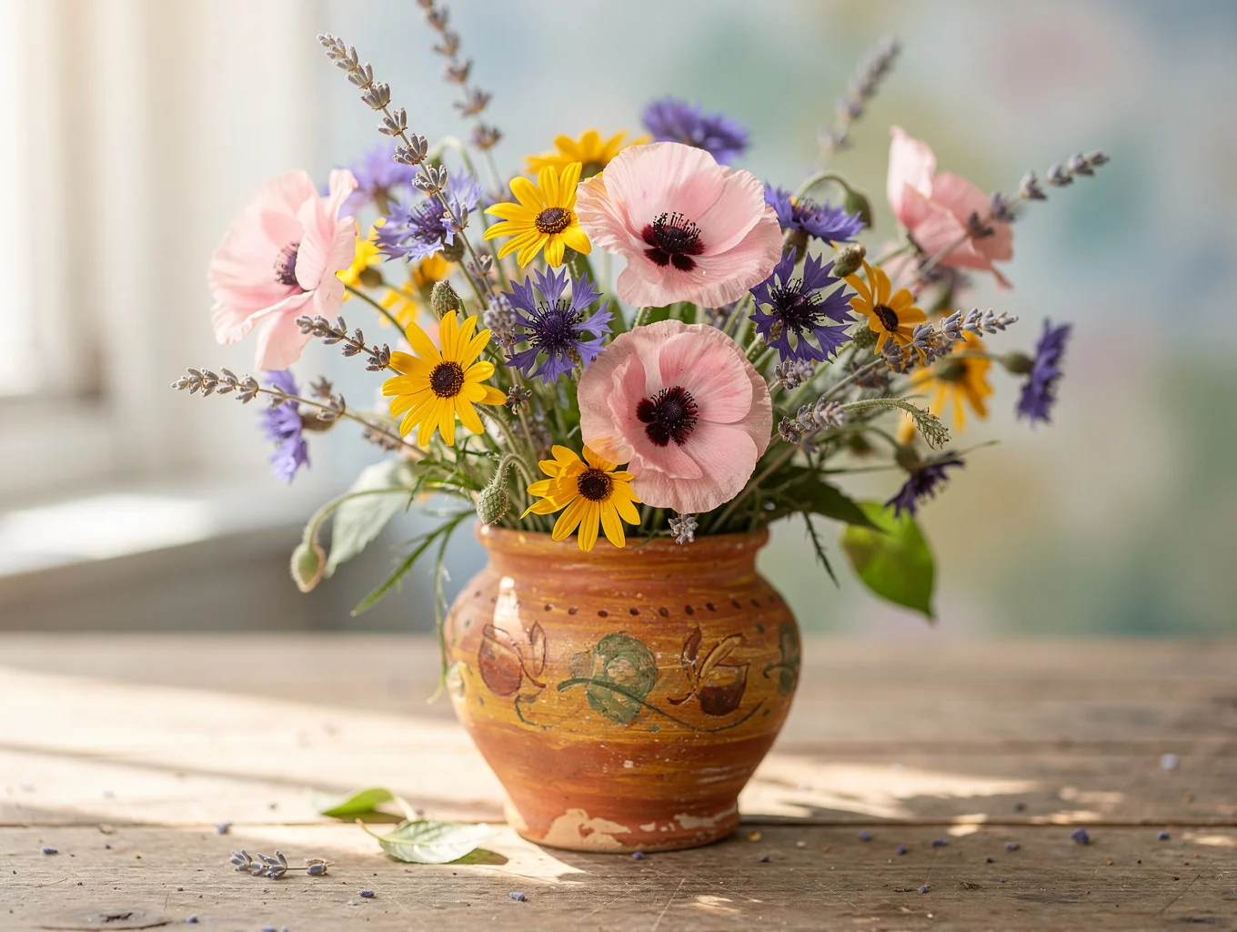Handmade crocheted wildflower bouquet in warm terracotta vase