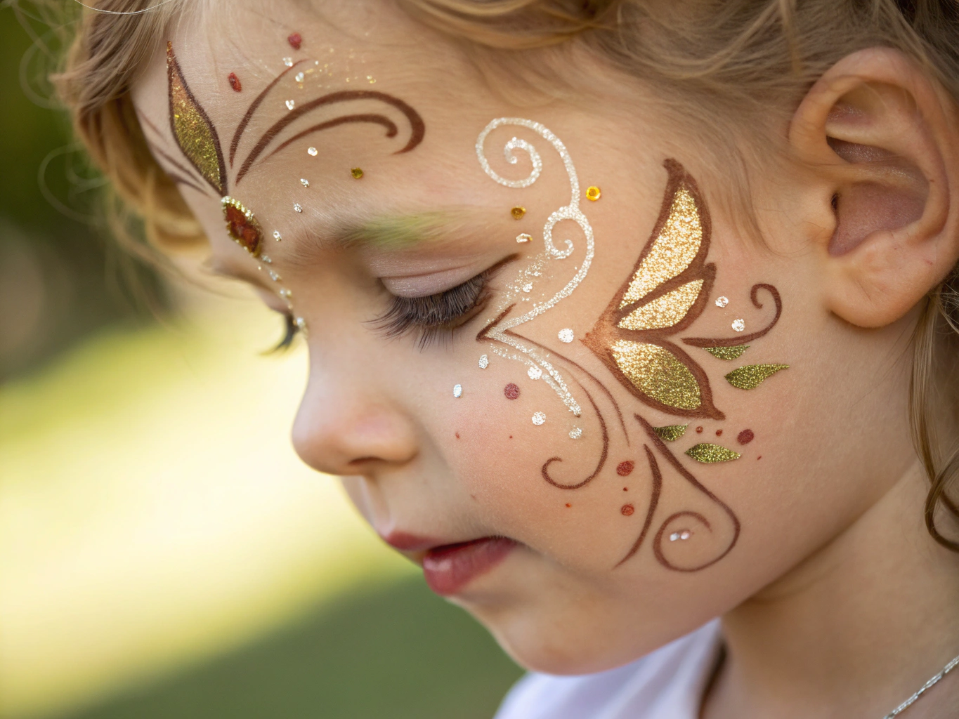 Whimsical floral face painting design with coral accents and delicate botanical linework