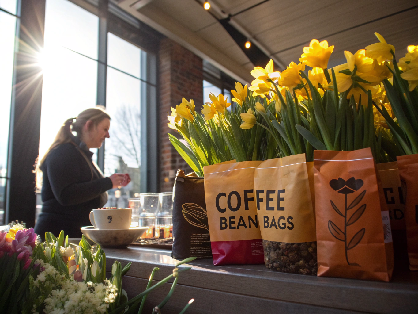 Spring botanical window mural on a modern coffee house exterior