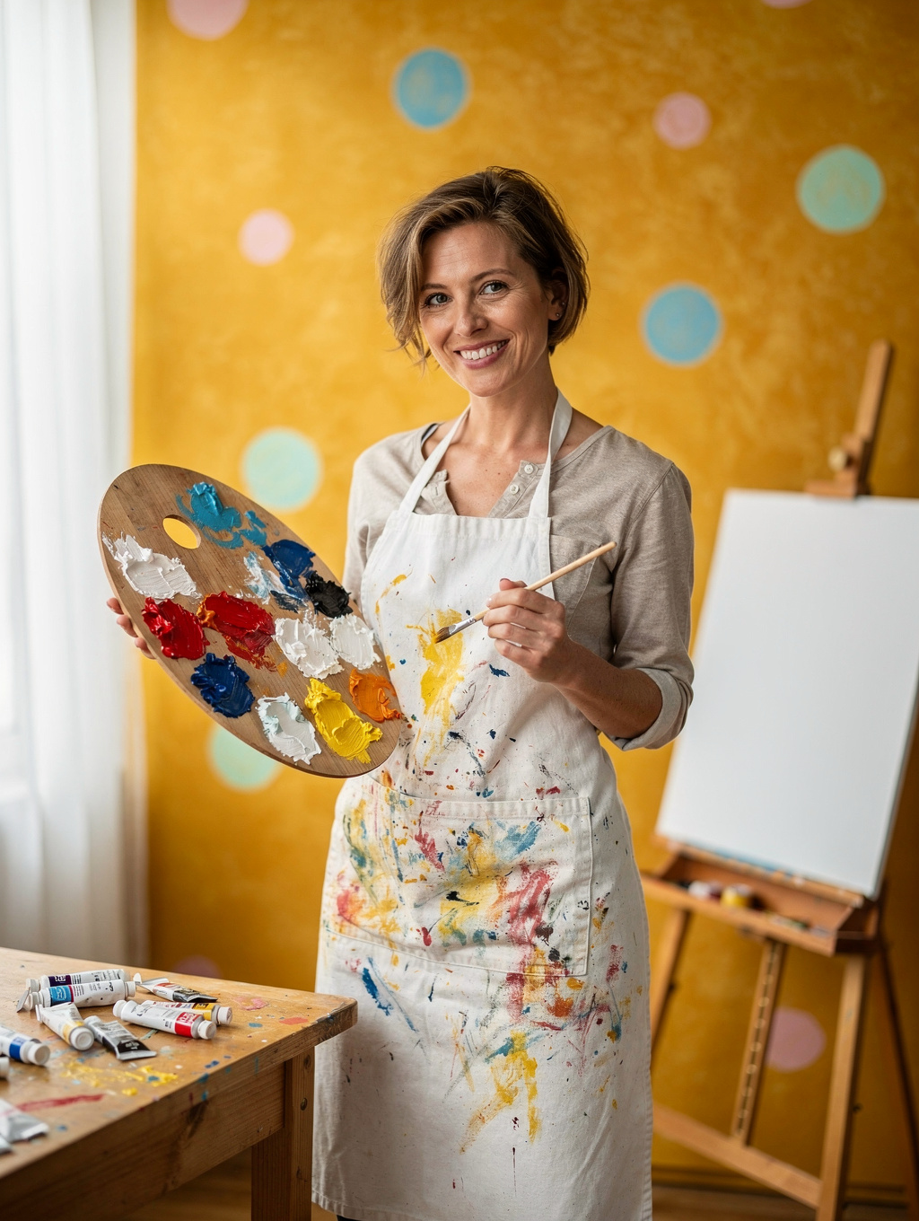 Eden Ortega smiling while holding fine art paintbrushes in a sunlit studio