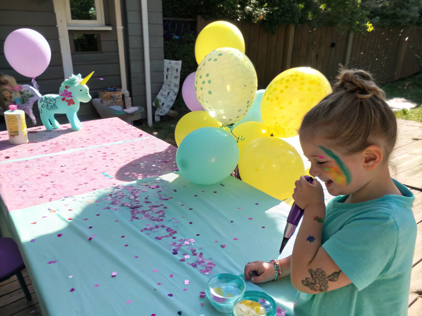 Child with vibrant floral face painting at a birthday party